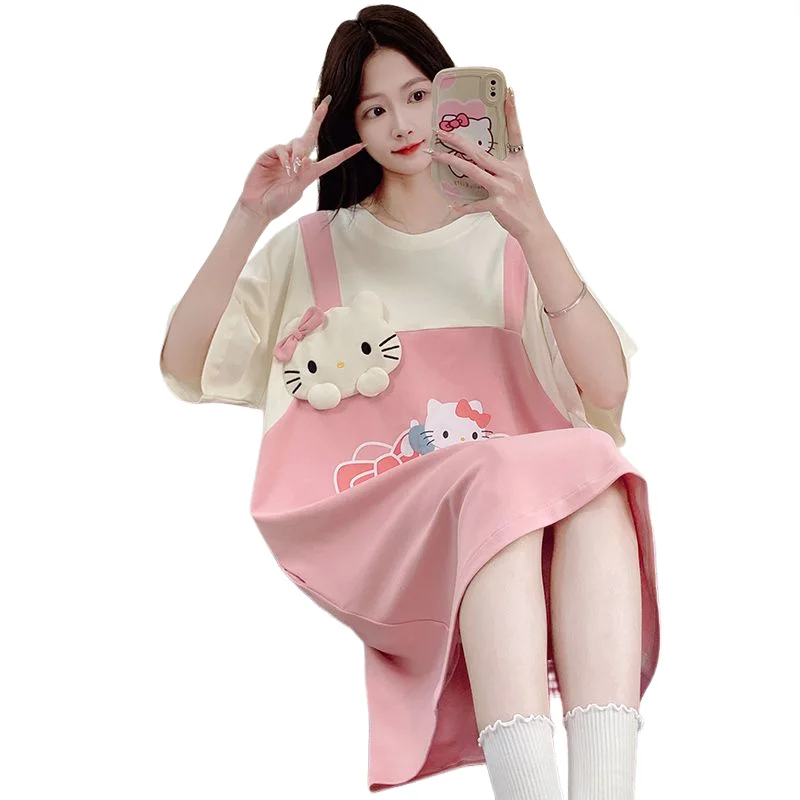 

Летнее милое платье Sanrio с героями мультфильмов, женские пижамы с короткими рукавами «Hello Kitty», ночные рубашки средней длины, мягкая домашняя одежда Y2K