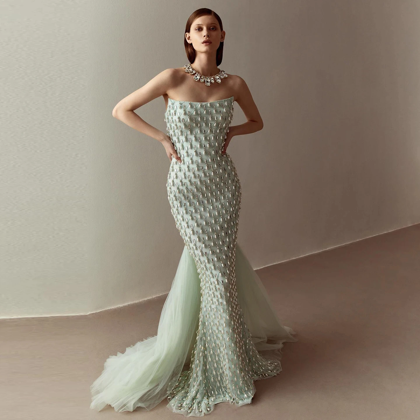 

Jancember Crystal Pearls Mermaid Sage Green Evening Dress with Cape Arabic Dubai Elegant Women Wedding Party Gown SZ431