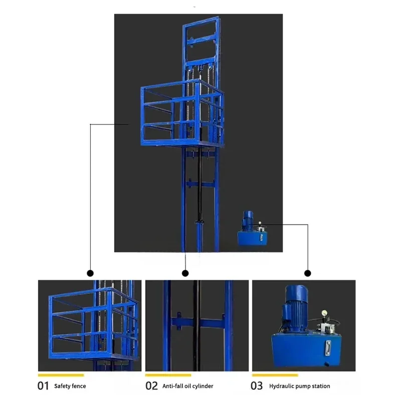 ลิฟต์บ้านสําหรับโหลด 3M 500KG ค่าขนส่งไฮดรอลิกโรงงานที่เรียบง่ายคลังสินค้าขนาดเล็กรางแพลตฟอร์มยกรอกไฟฟ้า