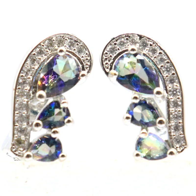 15x7mm Classic Fire Rainbow Mystic Topaz White CZ Woman's Gift Silver Earrings