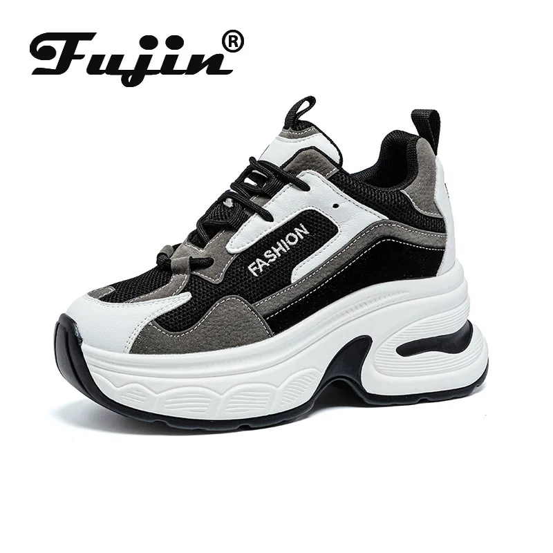 

Fujin/женские кроссовки на платформе 8 см, массивные кроссовки из натуральной кожи, удобная нескользящая прогулочная обувь, повседневная женская обувь
