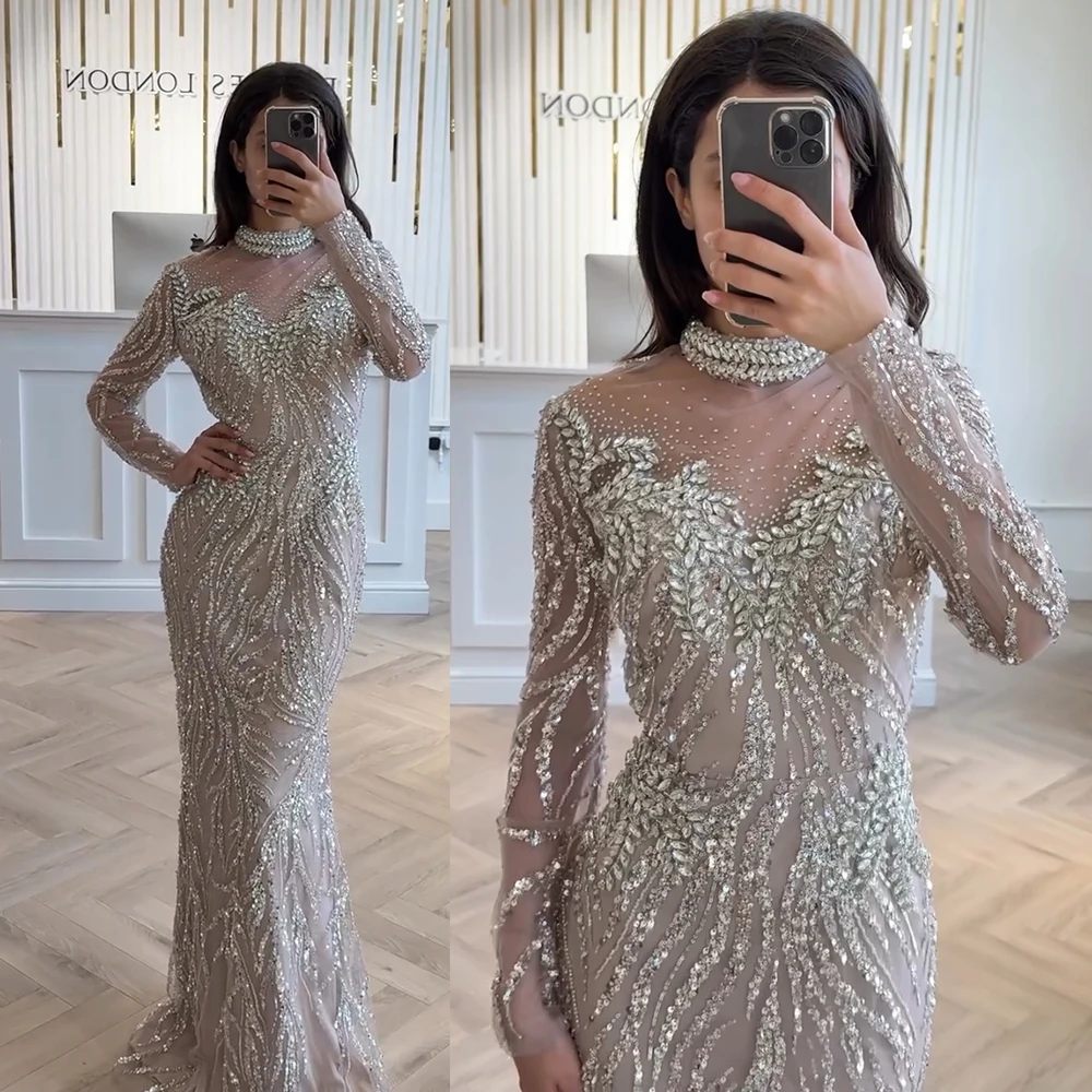 Alinovia Abito da sera musulmano con perline per donna 2025 Abito da cerimonia nuziale formale a sirena con collo alto e maniche lunghe di lusso personalizzato