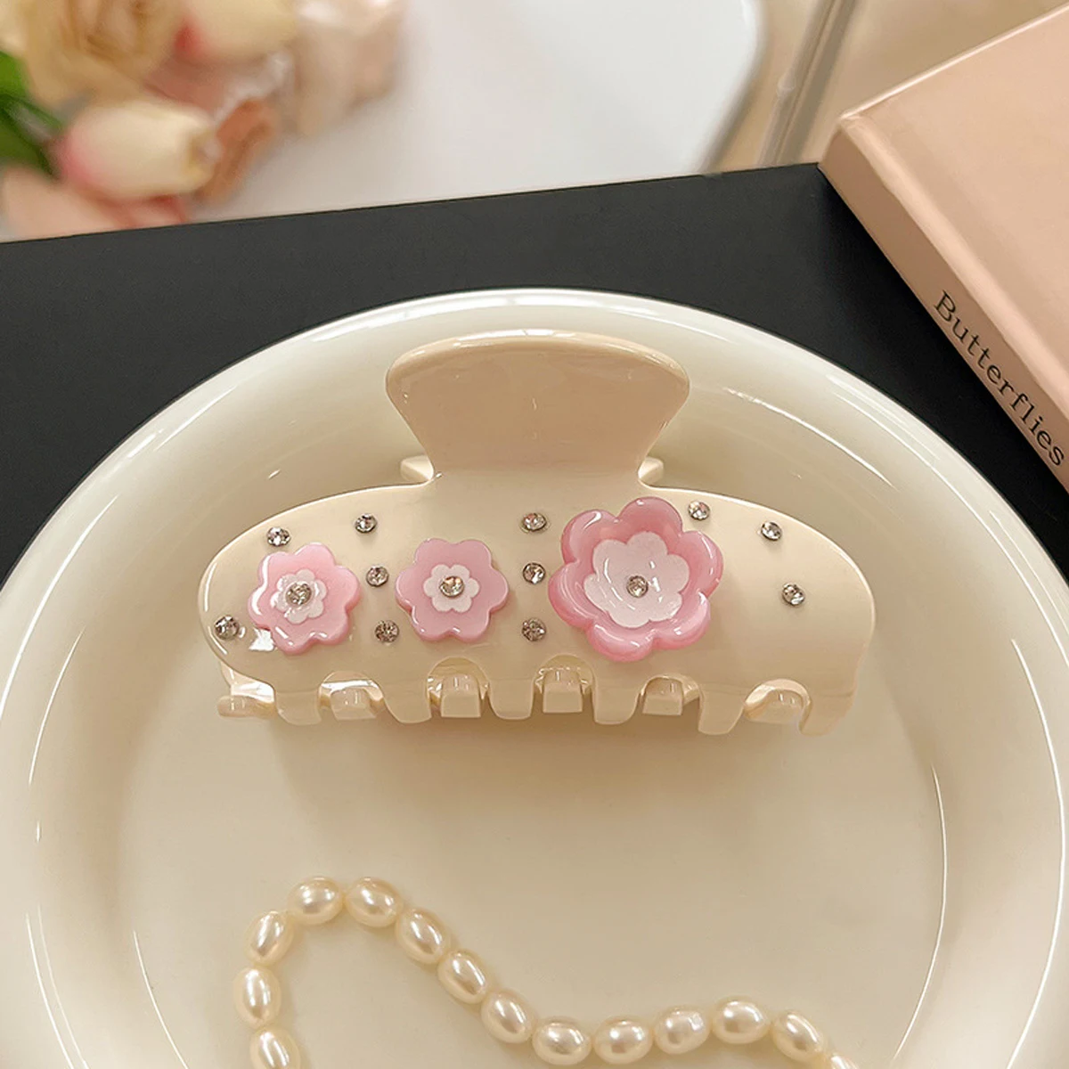 1 шт., заколка для волос среднего размера с милыми стразами и цветами из ацетата, темпераментный и универсальный головной убор