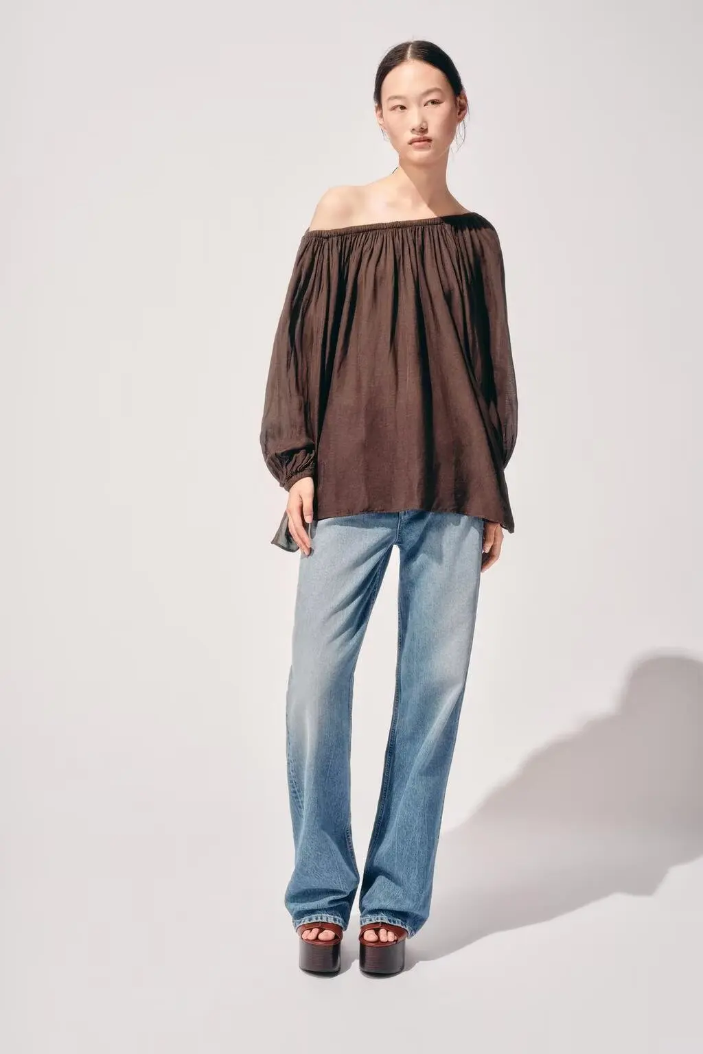 BB6670 2025 Summer New Women's Loose One Word Collar Off Shoulder Bubble Collar Long Sleeve Shirt Top 4043010