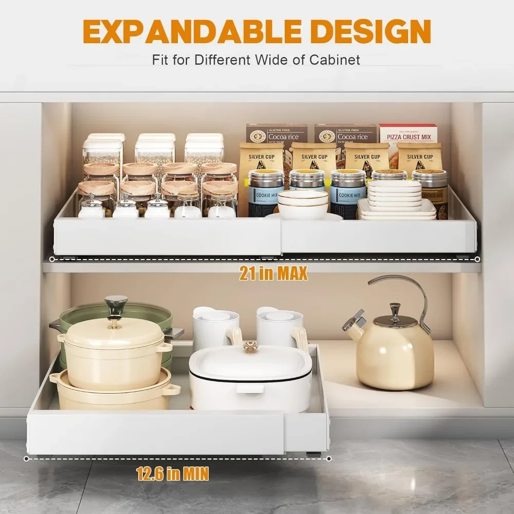 

2 Pack 21" Deep Pull Out Cabinet Organizer, Expandable (12.6''-20.5'') Slide Out Drawers for Cabinets Fixed with Adhesive