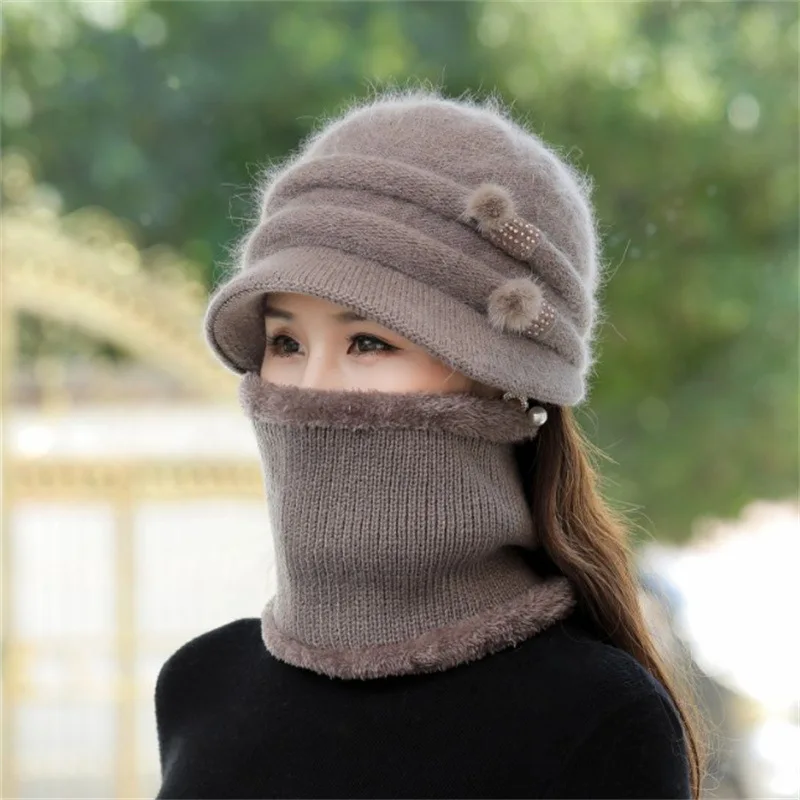 Gorro de invierno con forro de piel para mujer, conjunto de gorro y bufanda cálida, gorro de punto de piel de conejo informal