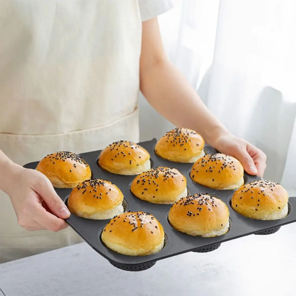 

Household 4/9/12 Hole Hamburger Bun Pan Non-Stick Reusable Hamburger Bread Mold Carbon Steel Baking Pan Fast Food Restaurants
