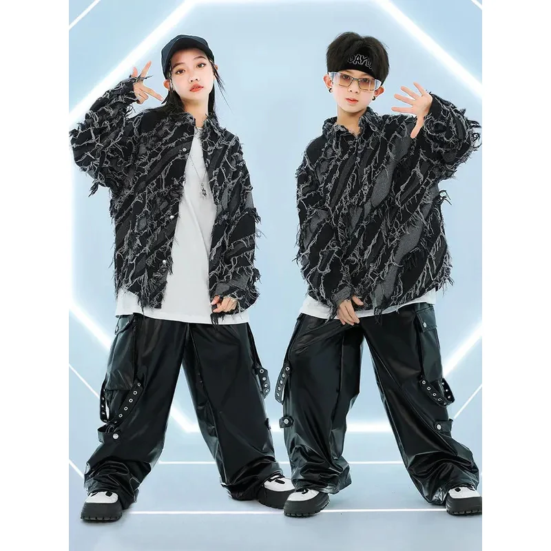 

Kid Hip Hop Clothing Black Raw Hem Denim Shirt Top Faux Leather Casual Strap Cargo Pants for Girl Boy Jazz Dance Costume Clothes