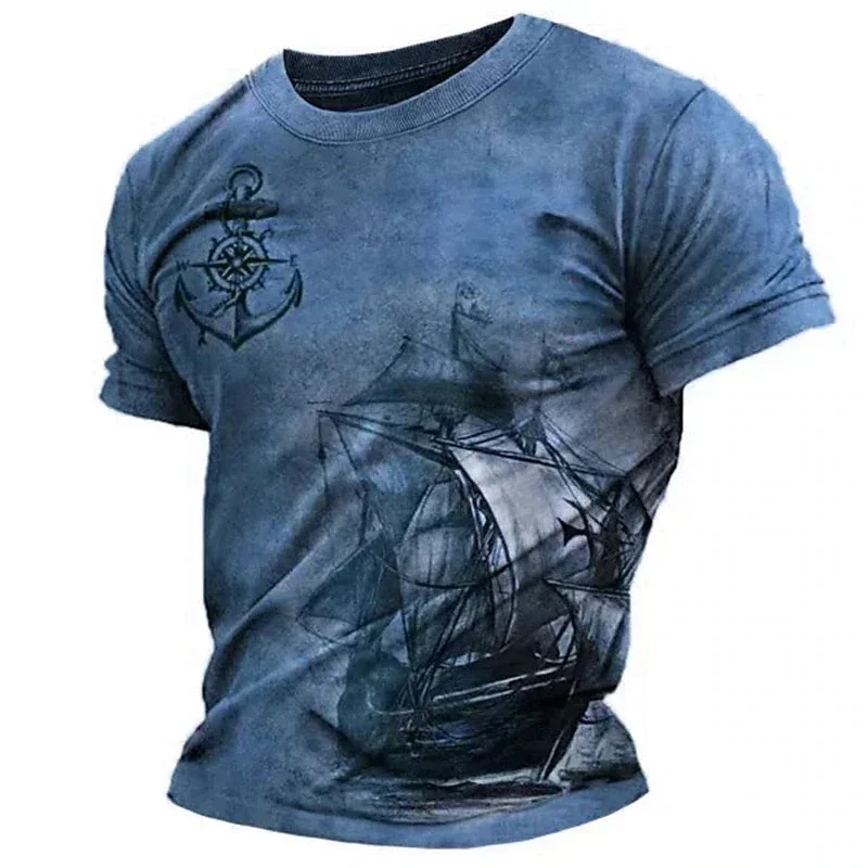 Men's Vintage Nautical Map Compass Print T-Shirt Summer Daily Loose Short Sleeve Male Tops Casual Tees Unisex Clothing Apparel