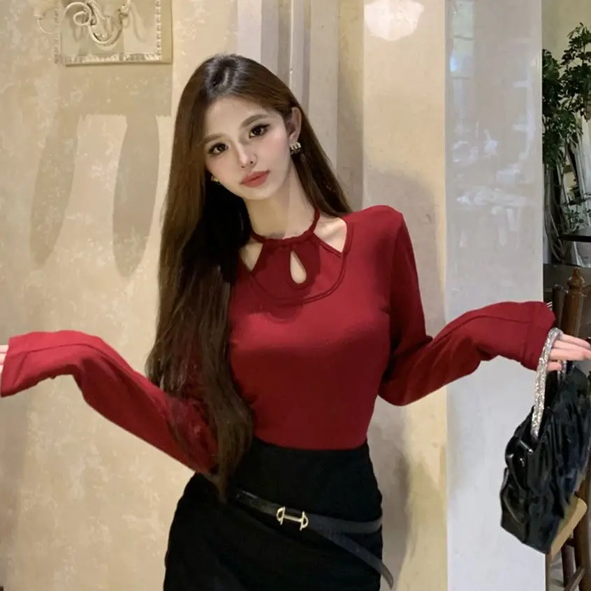Hollow Out Design Fake Two Piece Neck Hanging Long Sleeved T-shirt for Women\'s New Style Temperament Sexy and Western-style Slim