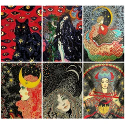 Cat Coven Diamond Painting Psychedelic Girl Witchcraft 5D DIY Diamond Embroidery Full Drill Hippie Wall Art Estetyczny wystrój pokoju