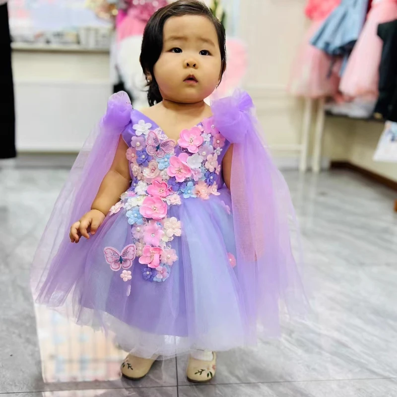 

Purple Girls Birthday Princess Dress Puffy Tulle Party Gown for Host Performance Pageant Formal Celebration Flower Girl Dresses