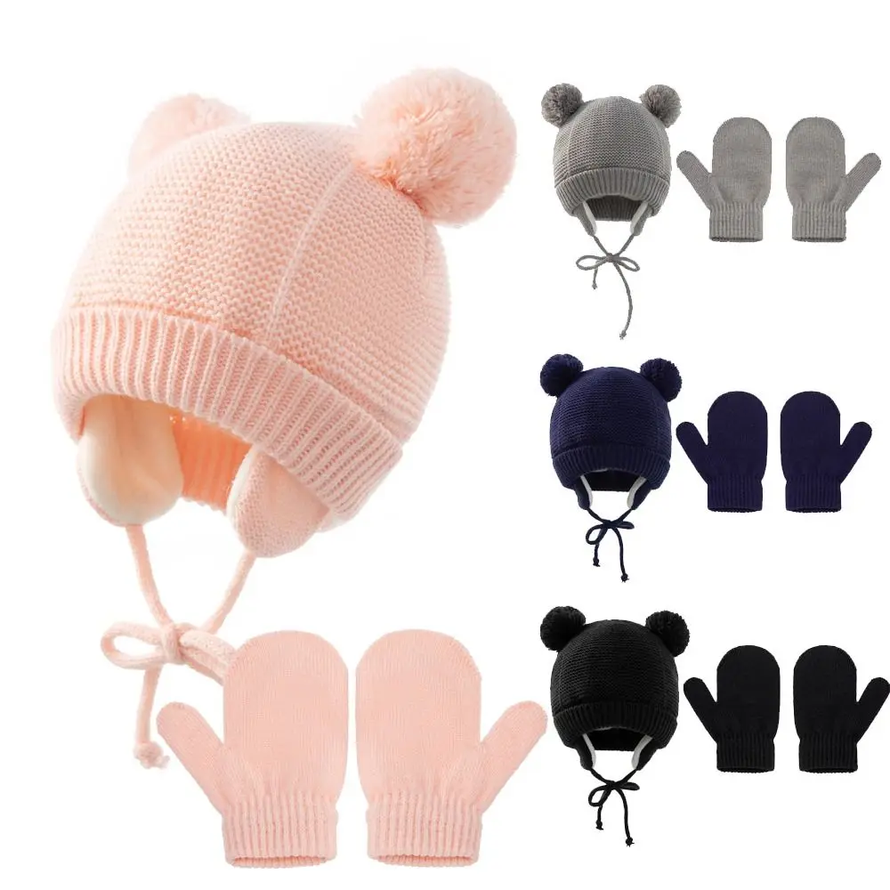 ชุดหมวกถุงมือผ้าฟลีซบุขนพร้อมพู่กัน หมวกไหมพรมกันลม หมวกปิดหูหนา อุ่น สำหรับเด็กเล็ก