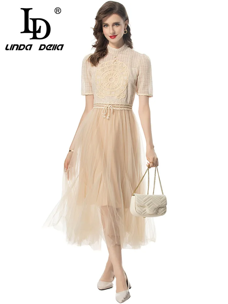 

LD LINDA DELLA 2024 Summer Fashion Dress Women Vintage Plaid Embroidery Sashes Net Yarn Temperament Medium Length Dresses