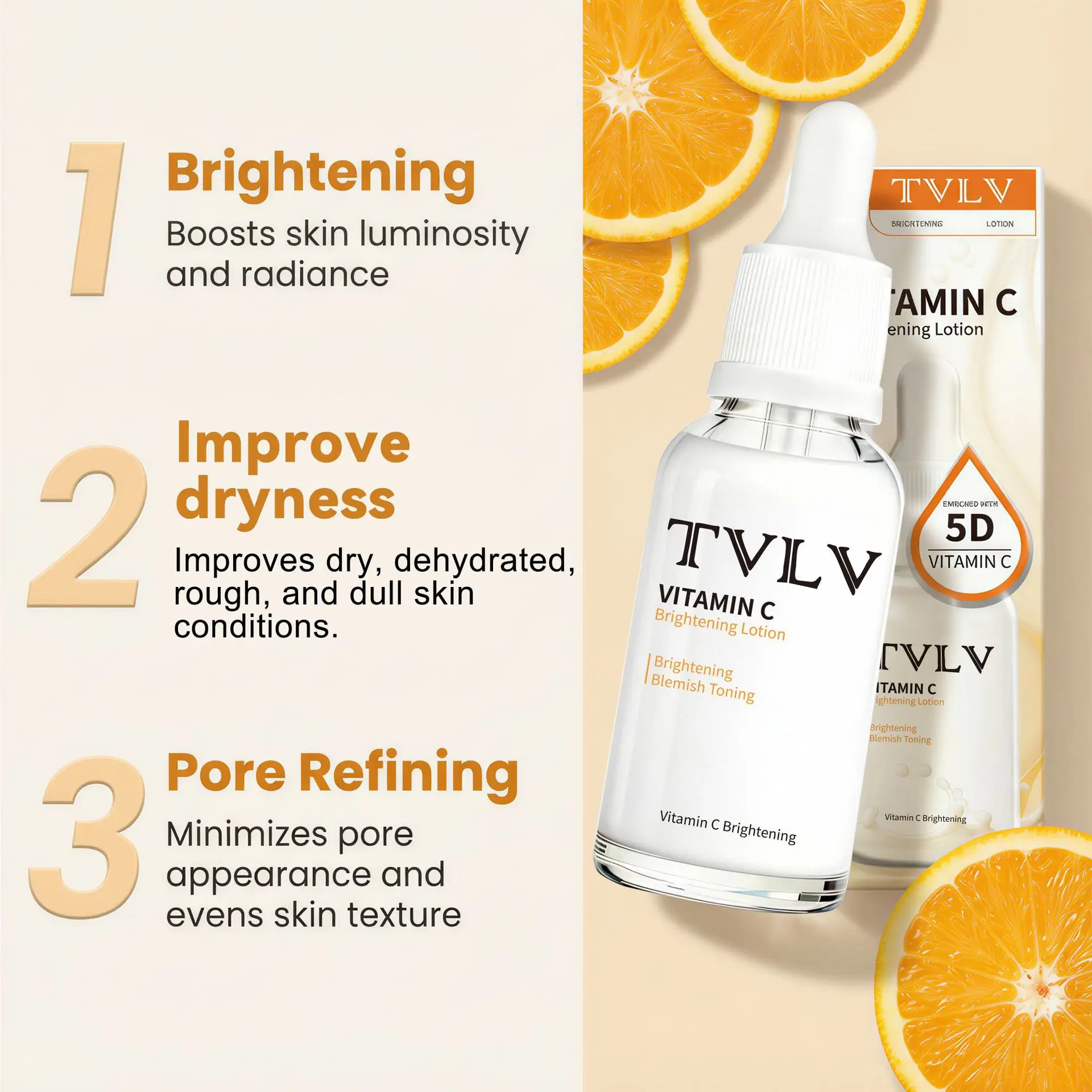 Loção Essencial de Vitamina C TVLV Hidratante, Iluminadora, Rejuvenescedora e Emulsão Clareadora VC