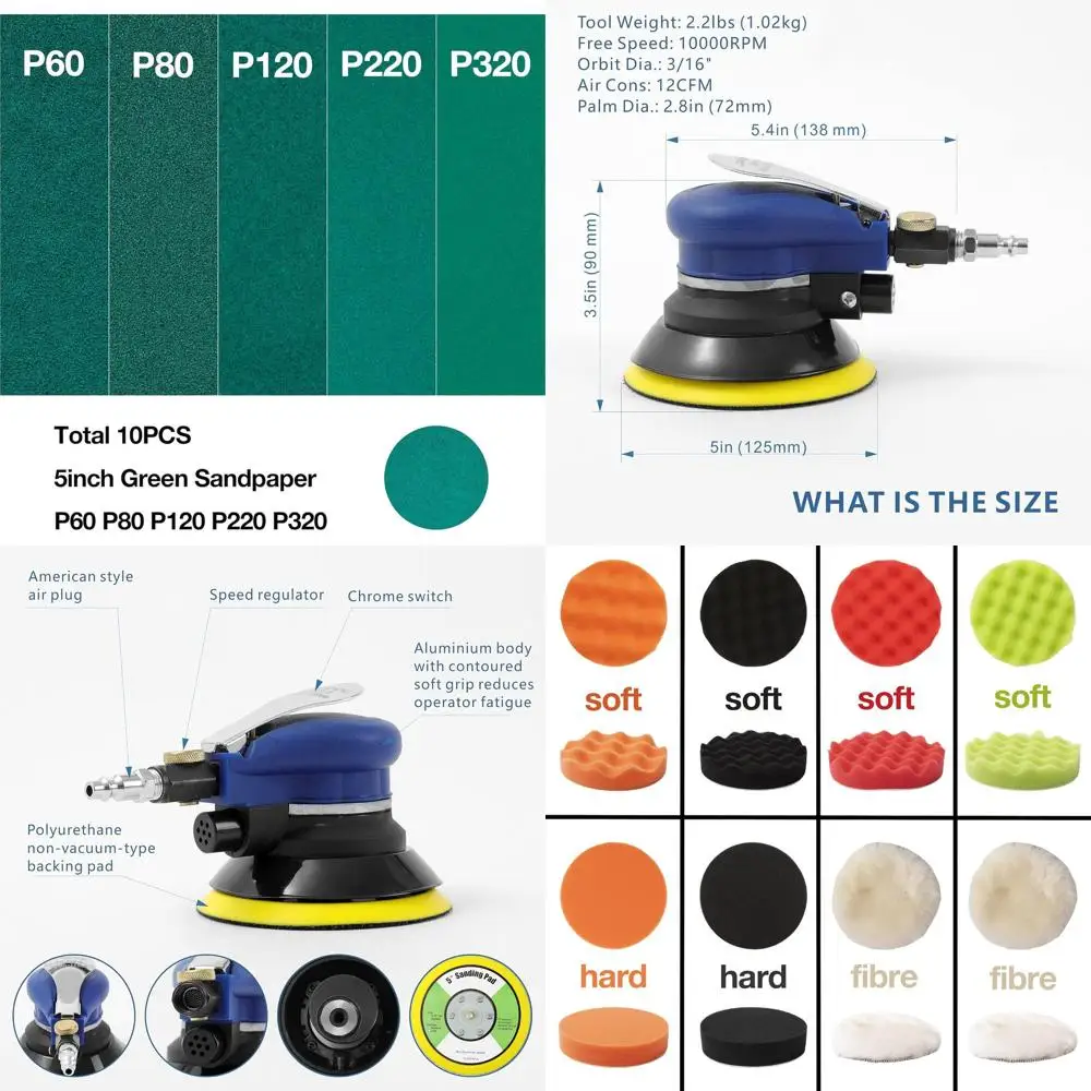 5 Inch Air Random Orbital Sander for Auto Body Work, Pneumatic Palm Sander