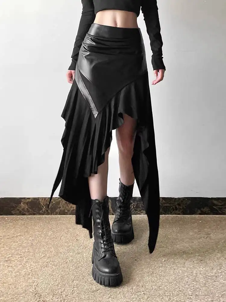 Women's Dark Gothic Skirt 2026 Spirng Summer Punk Girl Irregular PU Leather Patchwork High Waist Ruffled Slim Asymmetrical Skirt