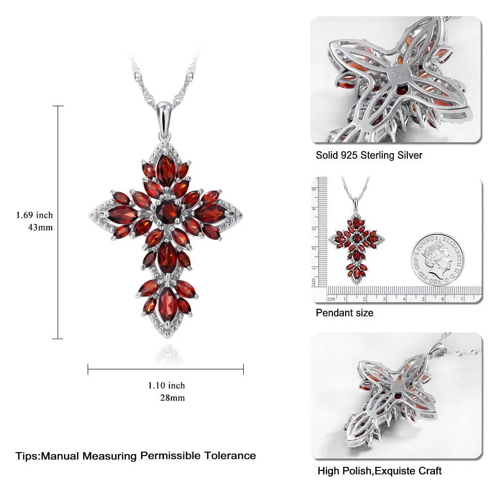 GZ ZONGFA Natural Garnet Cross Pendant Necklace 925 Sterling Silver Rhodium Plated for Women Fashion Jewelry  Accessories