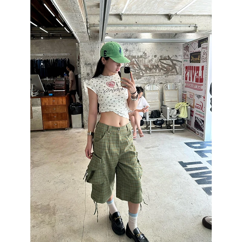 Women's Shorts Jeans Plaid Print High Waist Straight Pants