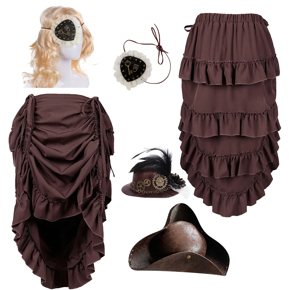 Women Pirate Cosplay Medieval Steampunk Costume Gothic Blindfold Brown Skirt Victorian Renaissance Vintage Hat Props Party Suit