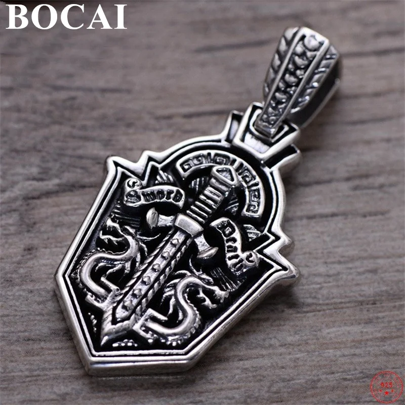 BOCAI S925 Sterling Silver Pendants for Men Women Retro Double Sword Shield Flying Loong Pattern New Fashion Jewelry Wholesale