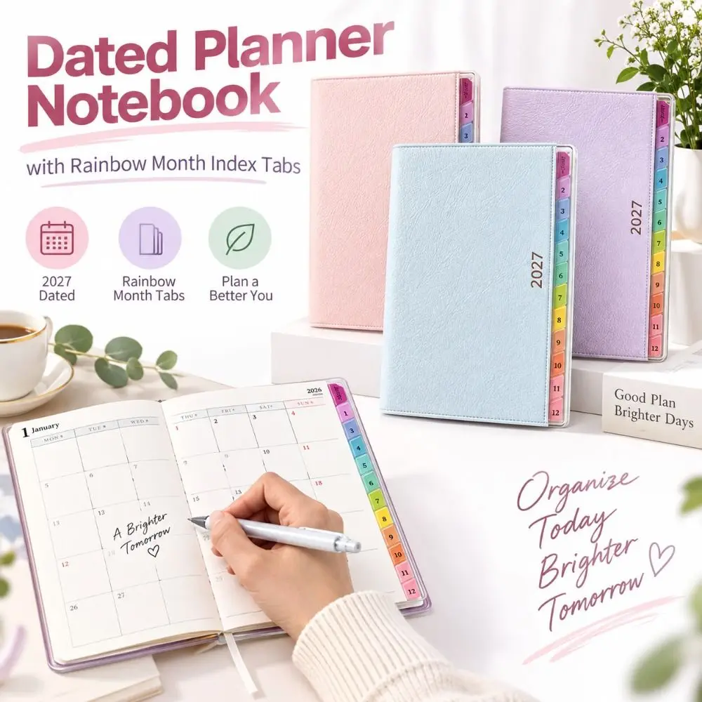 New Textured Cover 2027 Planner with Rainbow Index Tabs with Calendar Planner Notebook Dated Planner Journaling