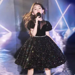 Girls Concert Performance Sequin Gown Teenage Kids Puffy Sleeve Lush Princess Dress Children Knee Length Halloween Black Purple