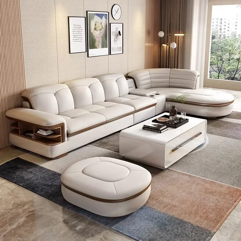 Luxury L-Shaped Genuine Leather Sectional Sofa Sets With USB, Bluetooth Speaker - MANBAS Living Room Italian Leather Couches