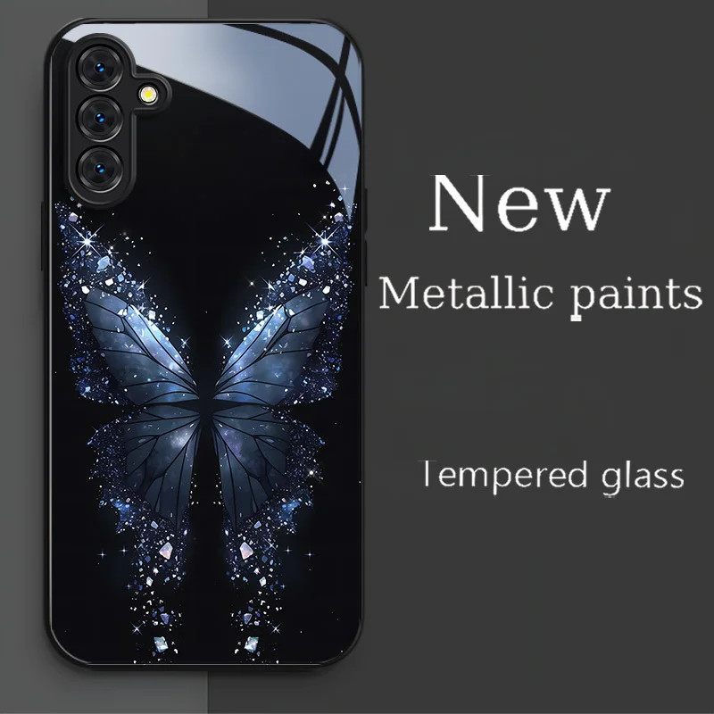 Shiny butterfly tempered glass phone case suitable for Samsung Galaxy S26 S25 S24 S23 S22 S20 FE/Ultra/Plus anti drop back cover