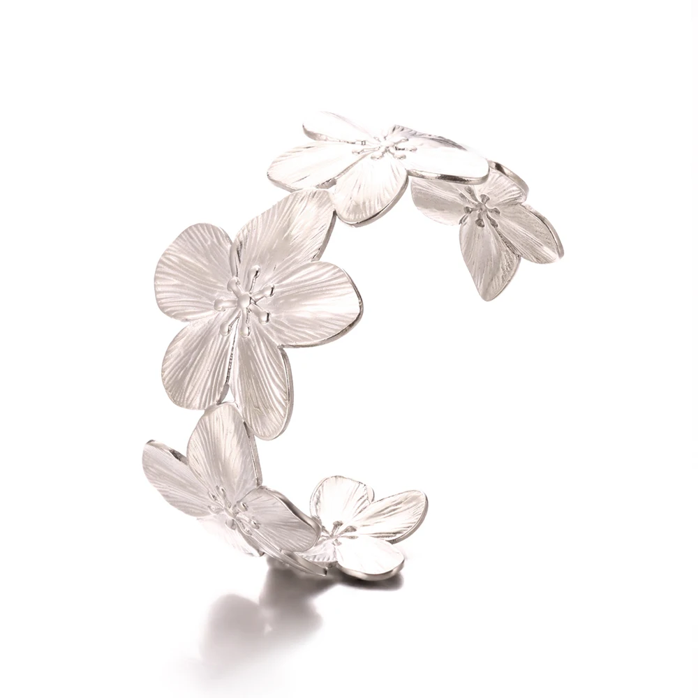 Bloem dikke opening armbanden voor vrouwen waterdicht roestvrij staal bloemen brede armband feest bruiloft hand sieraden elegant cadeau - afbeelding 1