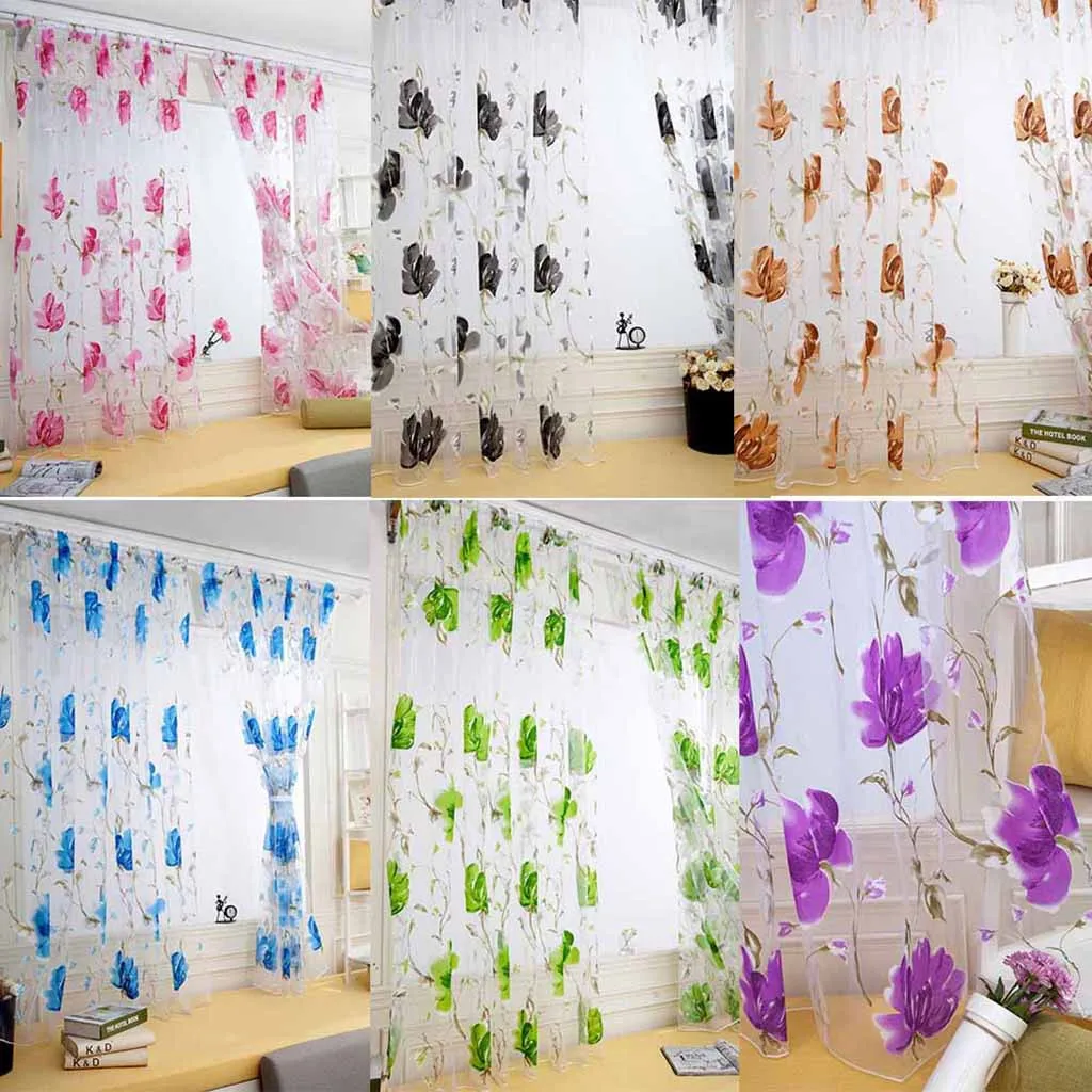 1 PCS Vines Leaves Tulle Door Window Curtain Drape Panel Sheer Scarf Valances 100x250cm