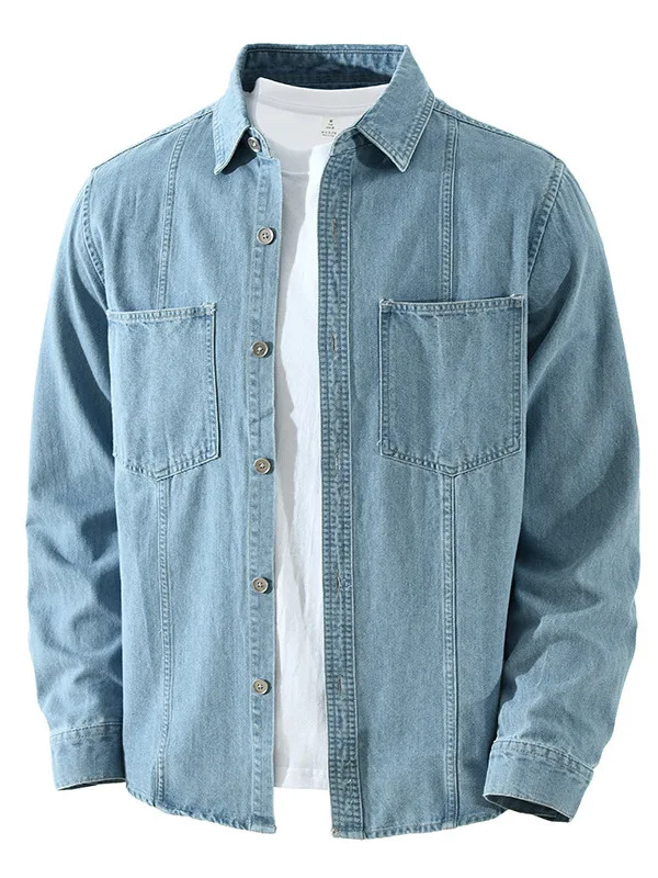 

Retro Waed Western Denim Long Sve irt Men's Casual Loose Collar Pure Color irt Jaet Japanese Sle Cotton Polyeste...