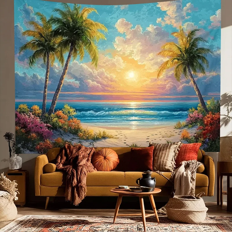Sunset Reflects On Beach Coconut Grove Landscape Tapestry Bedroom Office Living Room Polyester Wall Hanging Home Decoration