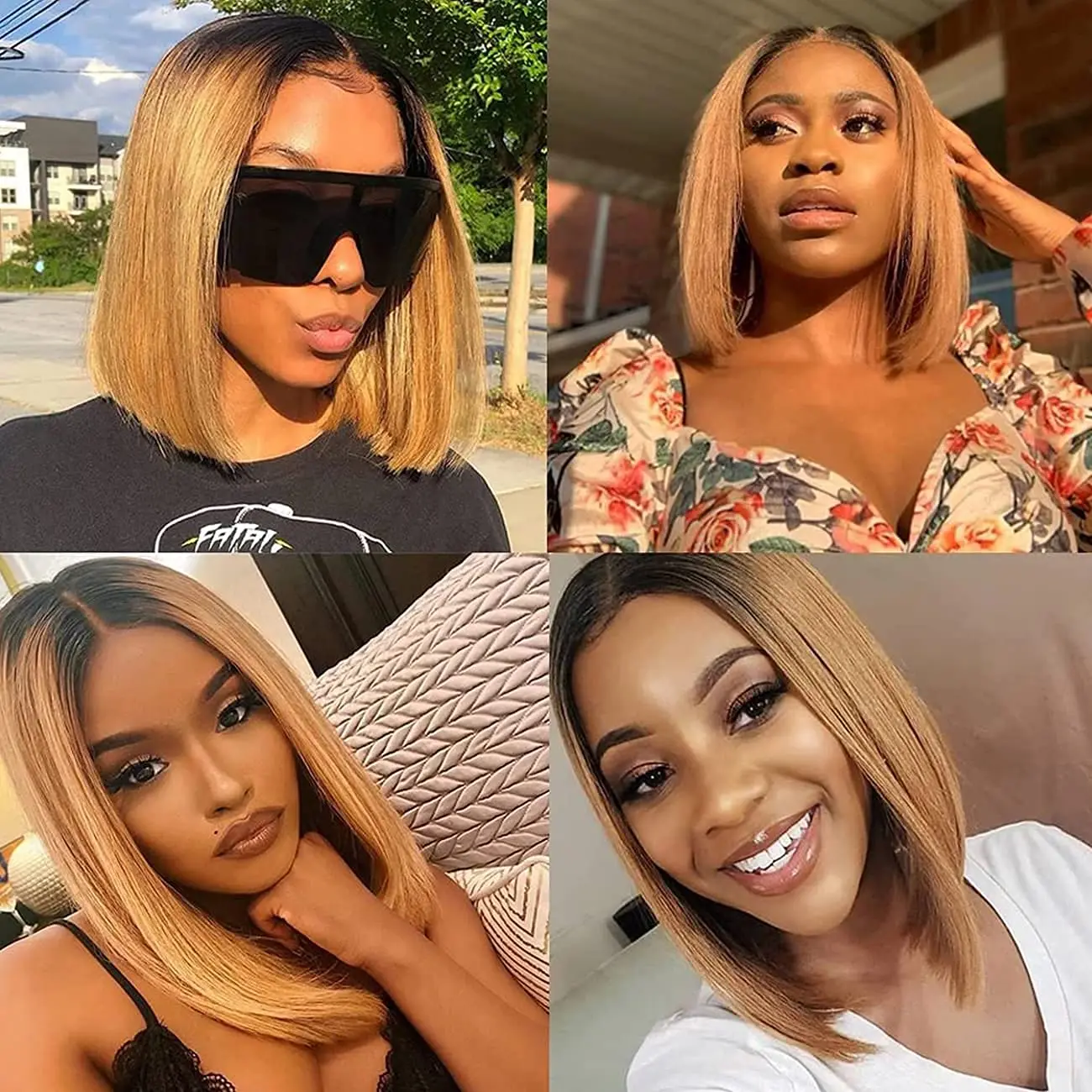 Glueless wigs Wear & Go Lace front Ombre Honey Blonde Bob Wig 13x1 Honey Brown Straight Human Hair Wigs Lace Part Brown Wigs