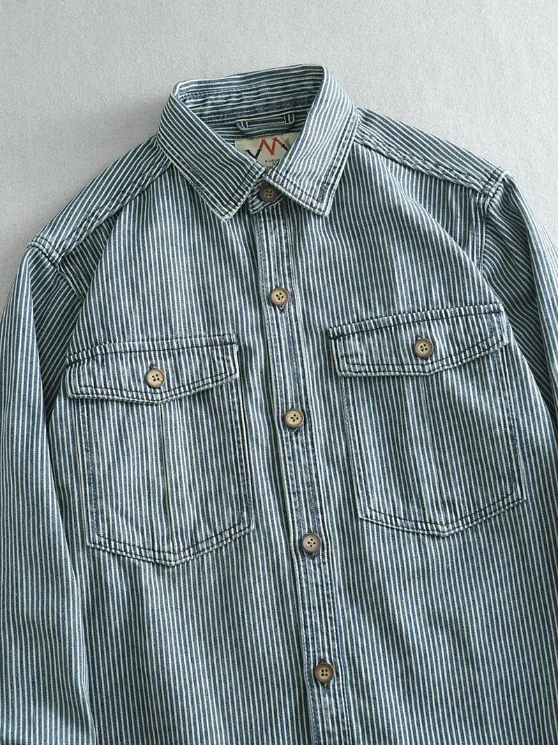 

High Quali Sand Waed Striped Long Sve Men's Casual Denim irt American Vintage Sle Autumn Collection Cotton 00%