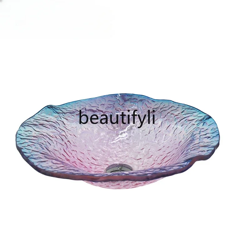 

Tempered glass wash basin, bathroom creative table basin, blue Mediterranean art basin, simple