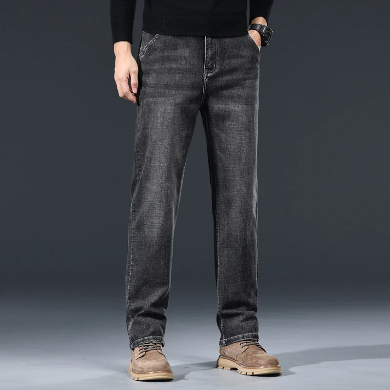 2024 새로운 가을 남성 블루 스트레이트 레그 청바지 비즈니스 캐주얼 코튼 스트레치 데님 바지 남성 브랜드 플러스 사이즈 40 42 44