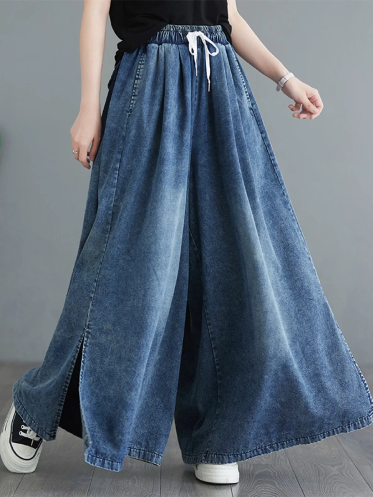 

Широкие джинсы с высокой талией, женские художественные простые повседневные брюки с разрезом, утягивающие длинные прямые брюки-трубы, летние синие джинсы