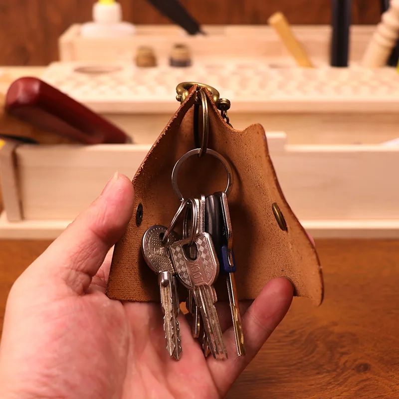 New Top Layer Cowhide Vegetable Tanned Leather Key Bag Vintage Simple Distressed Wrinkled Handheld Mini Key Bag