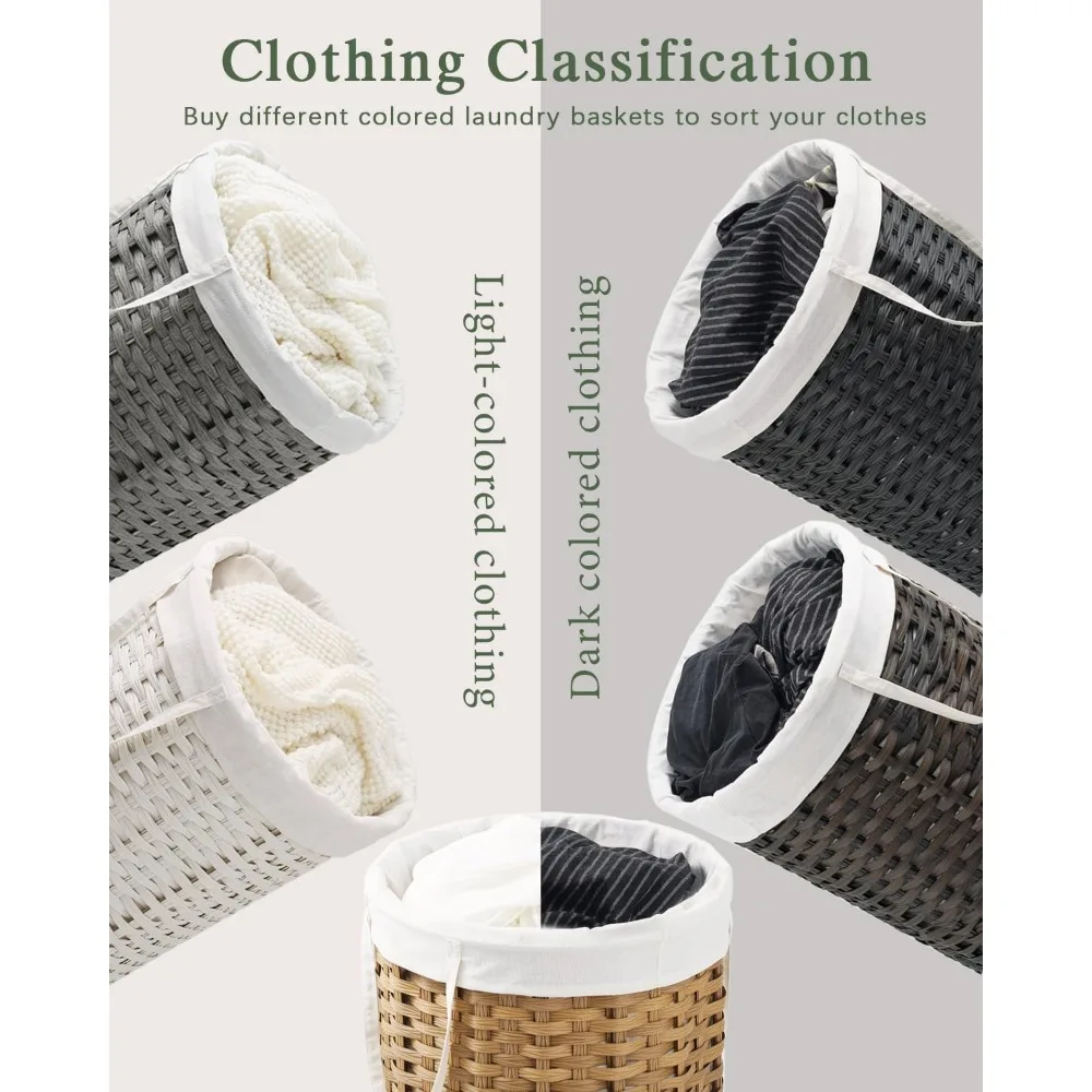 سلة غسيل كبيرة مستديرة من الخيزران مع بطانة قابلة للإزالة - سلة الروطان المنسوجة يدويًا لتخزين الغسيل المنزلي