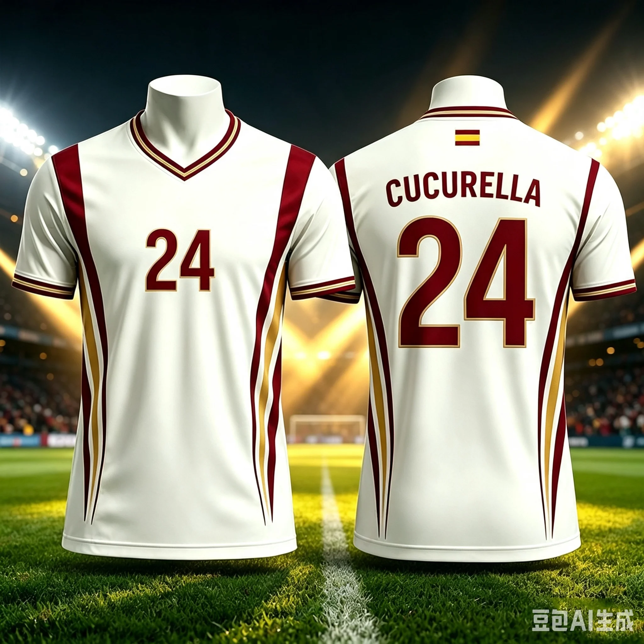 Family Replica Soccer Jersey, White V‑Neck Short‑Sleeve Mesh Top, Burgundy‑Gold Side Stripe Design,Casual Fan Tee for Adult Kids
