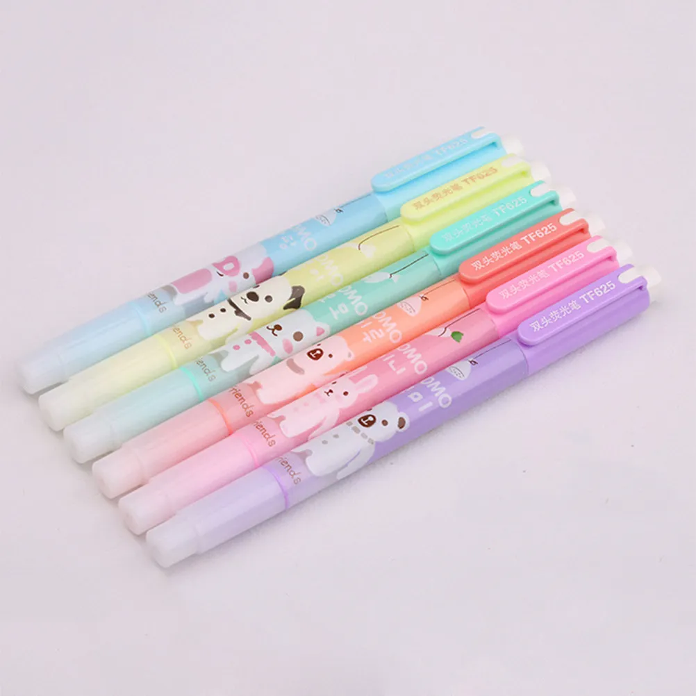 

6Pcs Dual-Tip Fluorescent Marker Pens Wide Oblique Round Tip Effortless Writing Crisp Lines Kids Stationery Highlighter