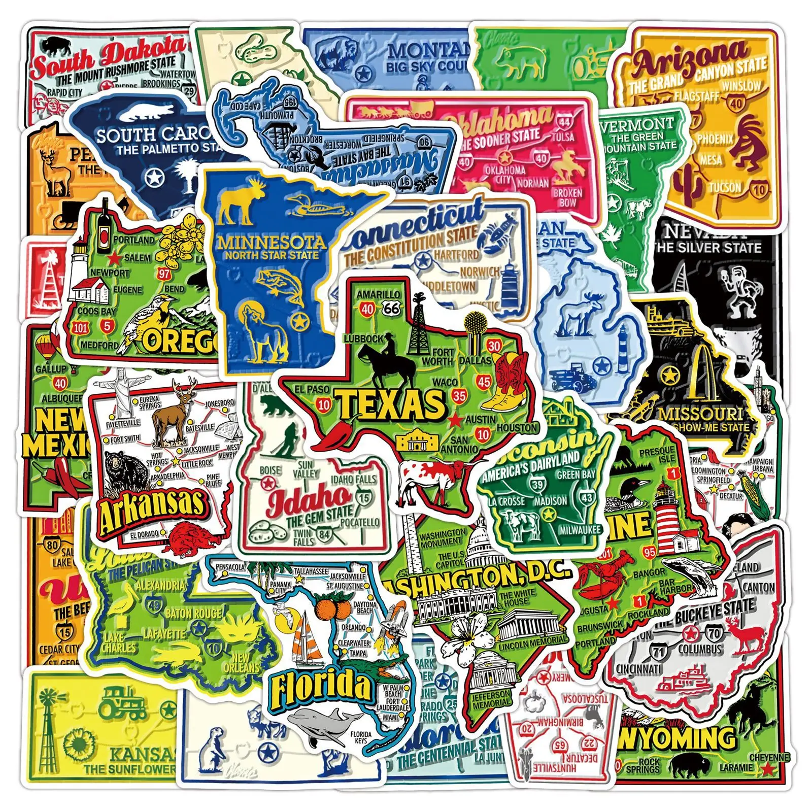 50Pcs Funny USA American 50 States Travel Stickers Aesthetic Map Decals Luggage Laptop Phone Car Bike Kids Waterproof Sticker