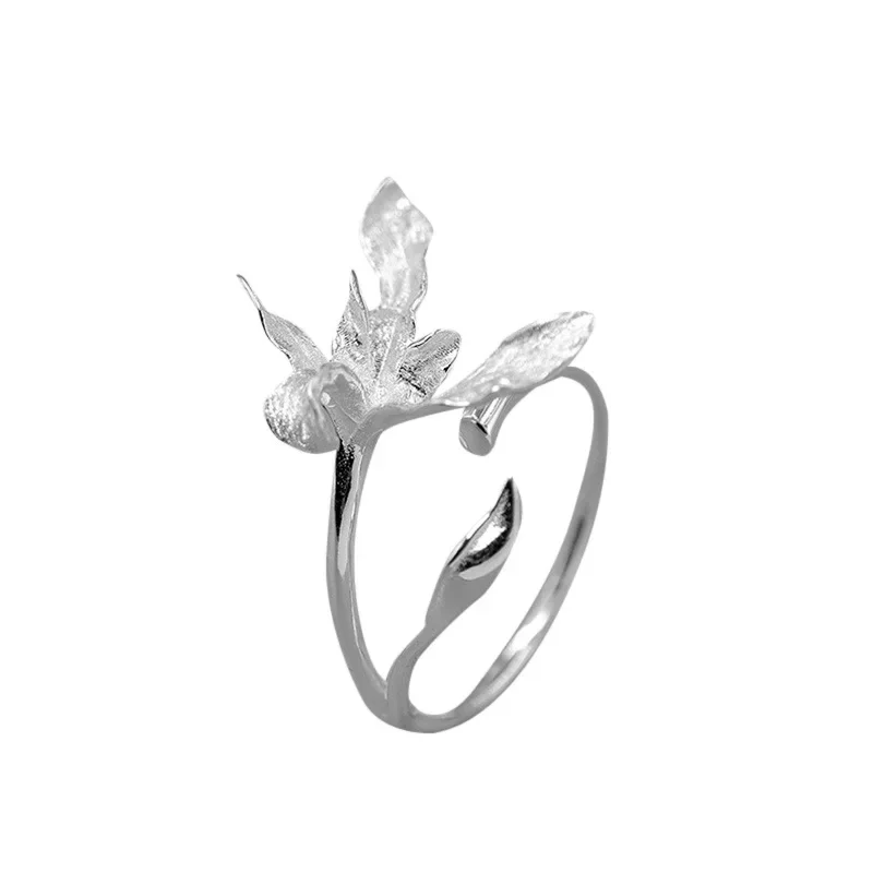 New Style Silver Color Ring Elegant Orchid Flower Open Retro Texture Finger Rings for Women Engagement Ethnic Style Jewelry Gift