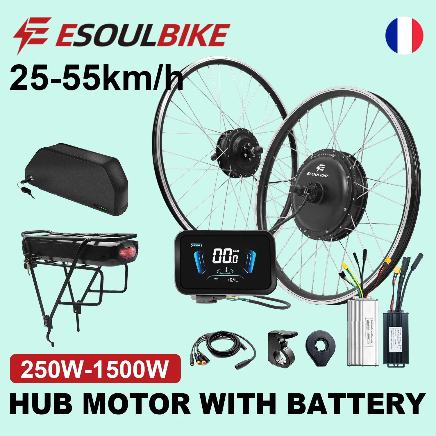 Kit di Conversione E-Bike ESOULBIKE con Motore Posteriore 48V 1500W 1000W 500W 36V 250W Motore Elettrico Anteriore - Kit di Aggiornamento Bici con Bat