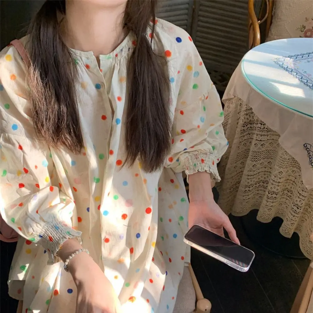 

Милая красочная блузка в горошек в корейском стиле, повседневная плиссированная рубашка, топ, свободная рубашка с длинными рукавами на весну и осень, уличная одежда