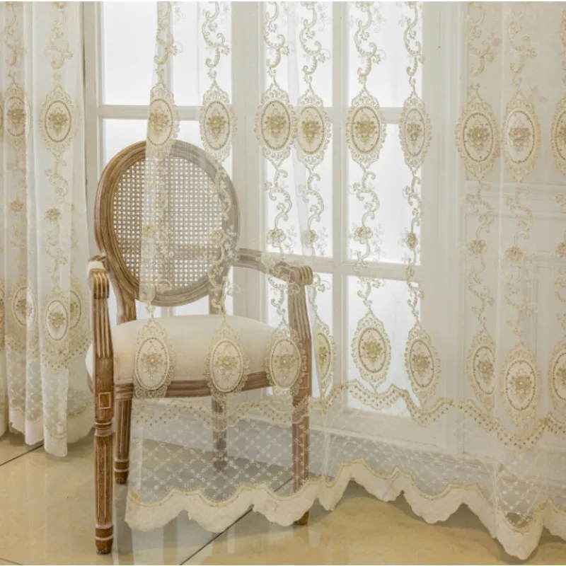Simple European Style Velvet Embroidery European Style Bead Embroidery Transparent Curtains Living Room Bedroom Balcony Curtains