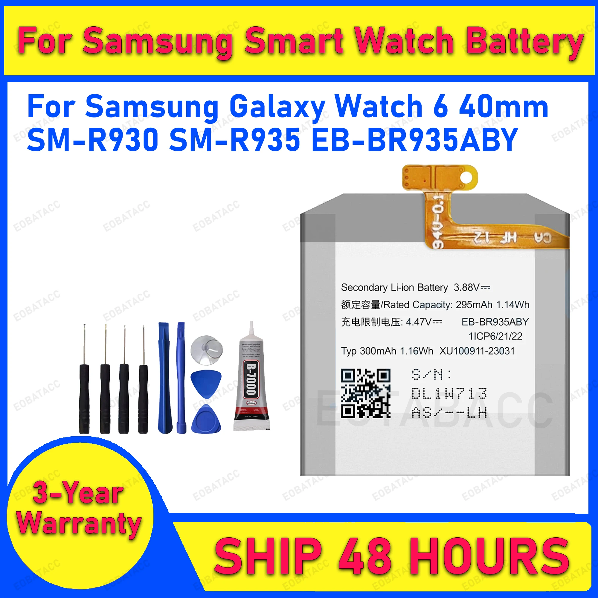 2026 Years EOBATACC 100% New 295mAh Battery EB-BR935ABY Battery For Galaxy Watch 6 40mm SM-R930 SM-R935 Batteries + Free Tools