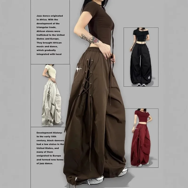 American Streetwear Jogging Cargo Pants Women High Waist Side Straps Loose Punk Wide Leg Trousers Y2k Hip Hop Street Dance Pants
