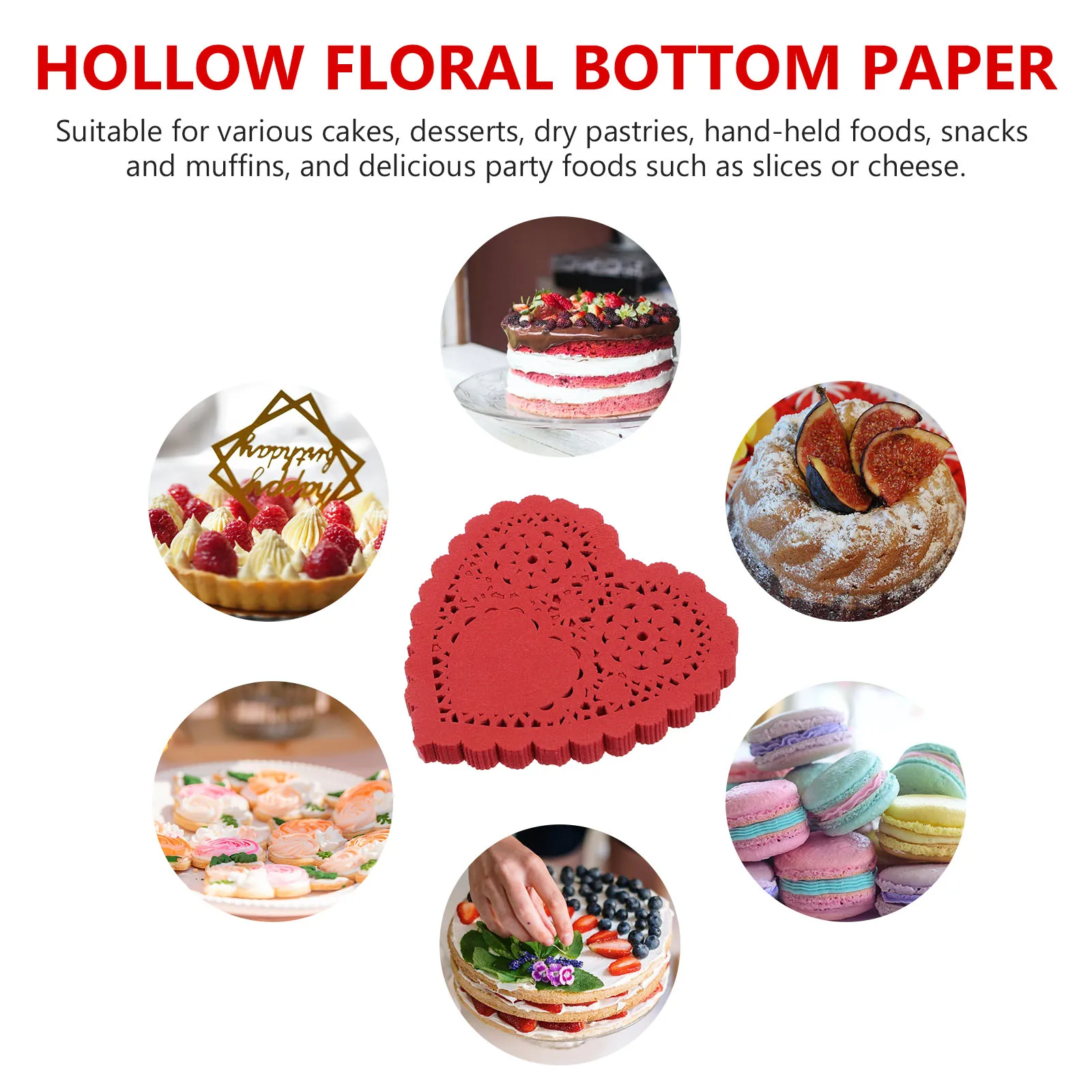 

100pcs Heart Cake Base Paper Mat Decorative Oil Blotting Food Paper Placemat Pad for Desserts Snacks Food Packaging Gifts